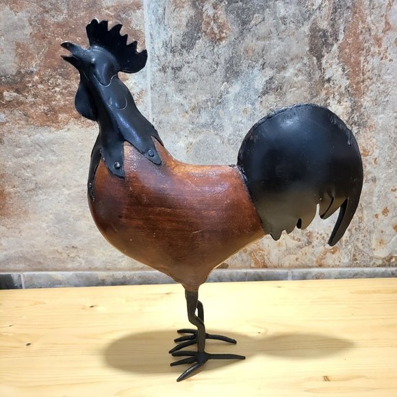 VTG Wood Cast Iron Rooster Farmhouse Figurine Garden Decor Statue